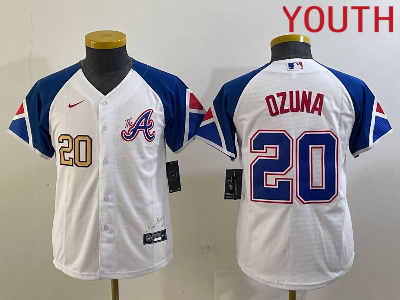 Youth Atlanta Braves #20 Ozuna White City Edition 2024 Nike MLB Jersey style 4